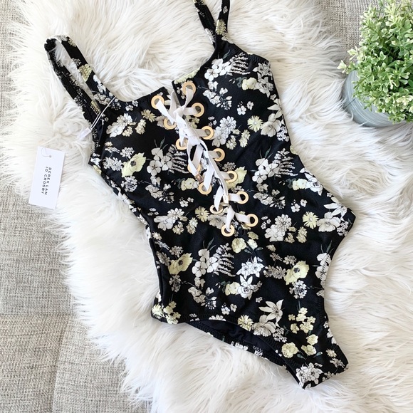 NWT | Derek Lam 10 Crosby | Floral Lace-Up One Piece Swimsuit - Picture 3 of 6